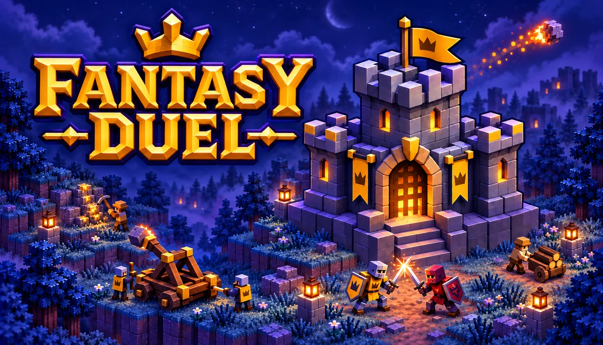 Fantasy Duel: golden title beside a moonlit voxel keep, duel and siege crew